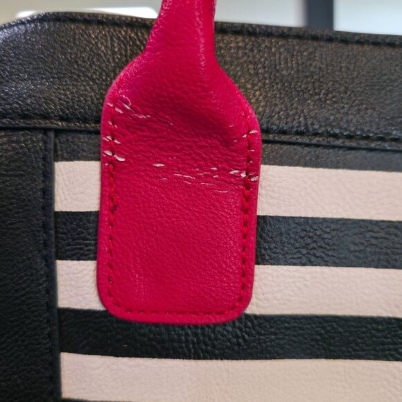 Betsey Johnson Striped Tote Bag With Red Handles And Tassel Charm Black & White - Picture 5 of 11